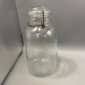 Vintage Clear Atlas E-Z Seal Quart Fruit Canning Jar w/Lid, Wire Bale 9”+ Tall